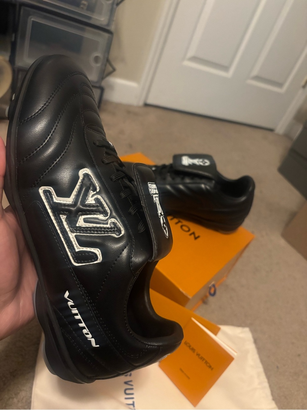 Louis Vuitton Black Leather Logo Sneakers with White Accents